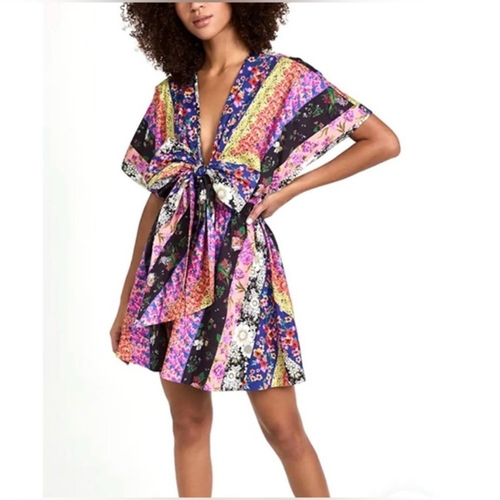 AMUR | Nyla Floral Tie Front Mini Dress colorful printed cotton sz 2 (oversized)